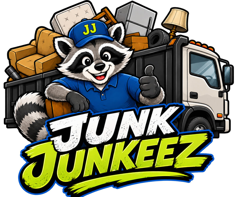 Junk Junkeez raccoon mascot with junk removal truck loaded with furniture and appliances