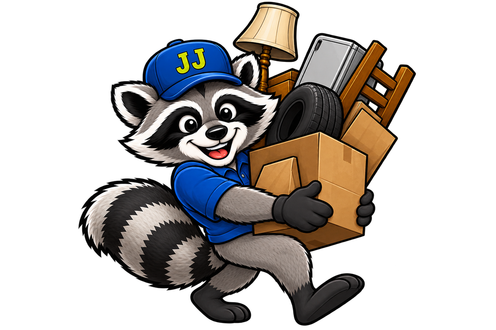 Junk Junkeez raccoon mascot carrying a box of junk