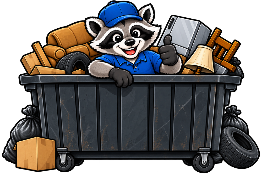 Junk Junkeez raccoon mascot popping out of a dumpster full of junk