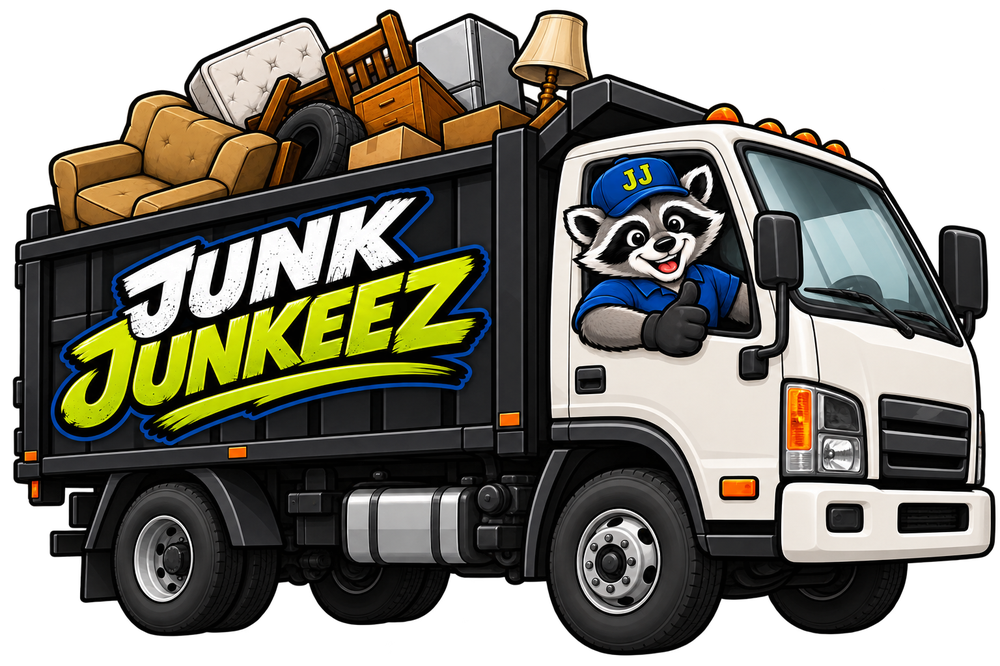 Junk Junkeez raccoon mascot driving the junk removal truck